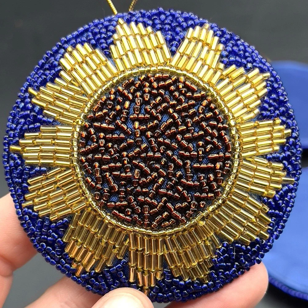 Sparkling Golden Sunflower Seed Bead Ornaments Blue Satin Fabric  3